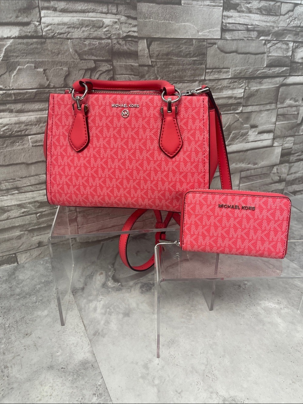 Michael Kors Marilyn Small Logo Satchel & Marching Wallet Dahlia Pink